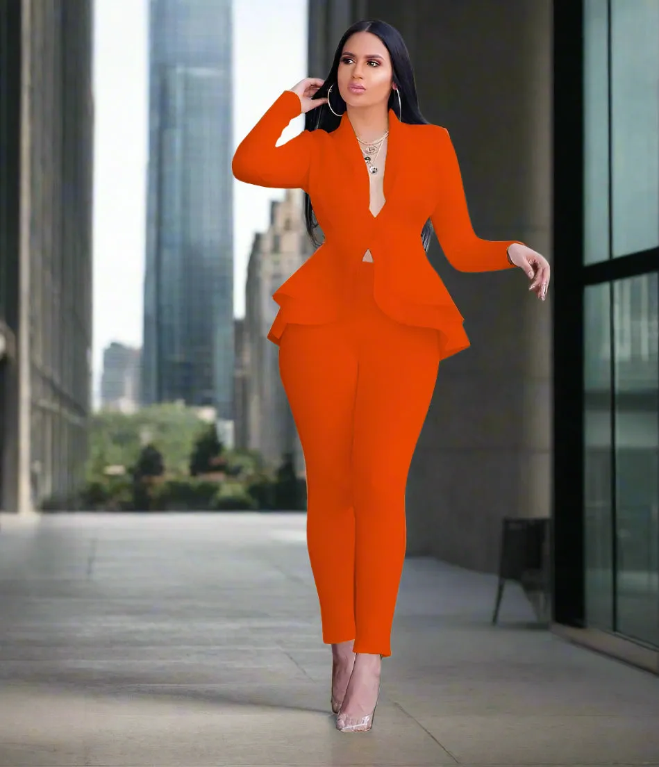 Chic Business Attire – Full Sleeve Ruffle Blazer & Pencil Pants