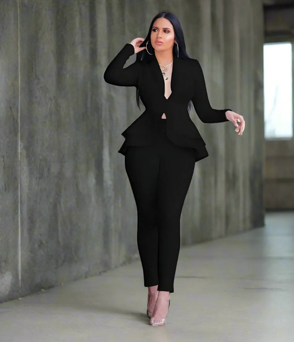 Chic Business Attire – Full Sleeve Ruffle Blazer & Pencil Pants