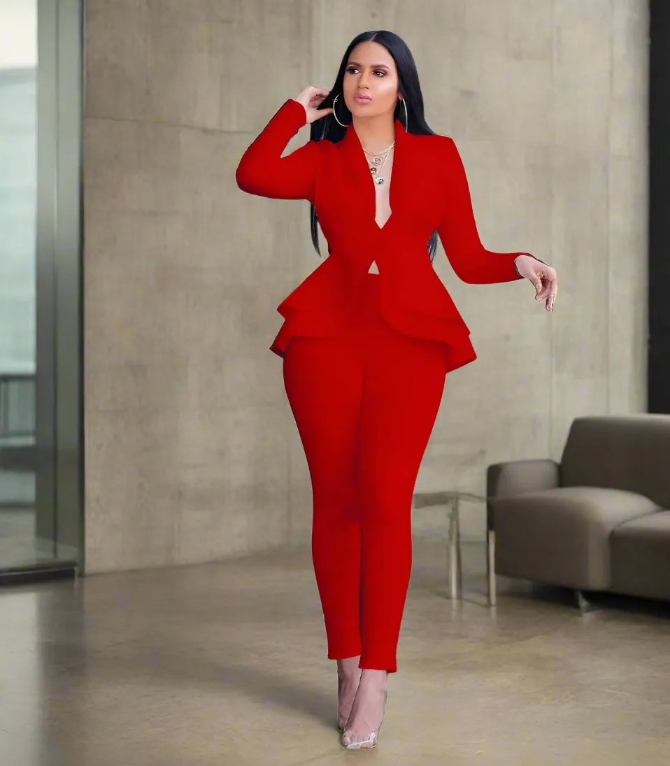 Chic Business Attire – Full Sleeve Ruffle Blazer & Pencil Pants