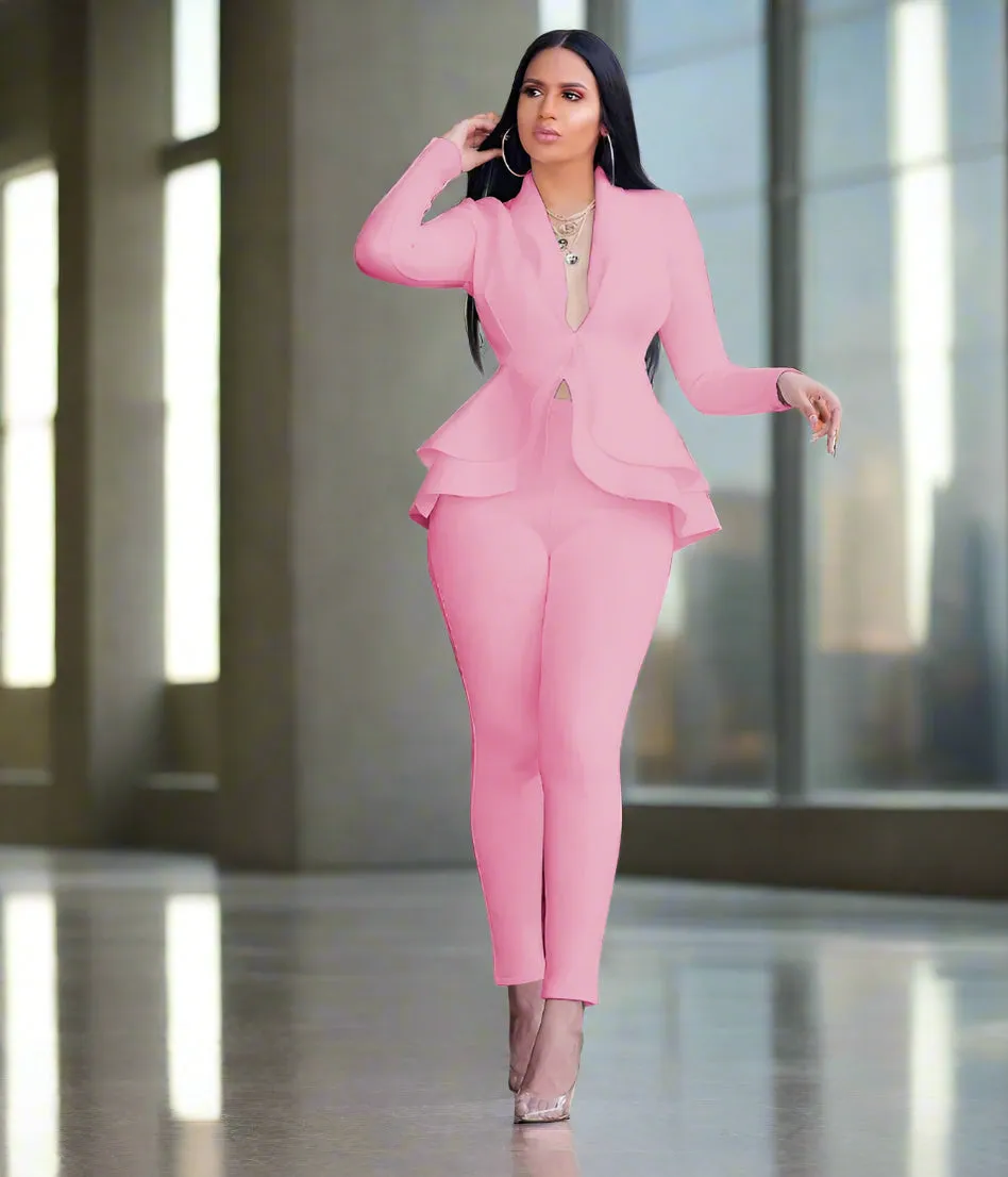 Chic Business Attire – Full Sleeve Ruffle Blazer & Pencil Pants