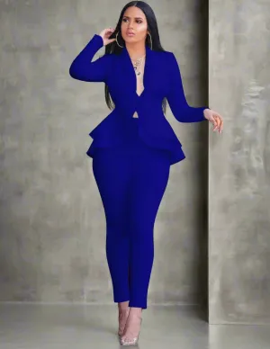 Chic Business Attire – Full Sleeve Ruffle Blazer & Pencil Pants