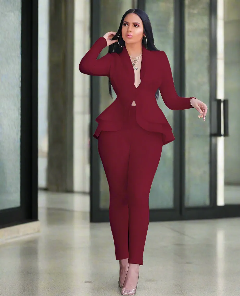 Chic Business Attire – Full Sleeve Ruffle Blazer & Pencil Pants