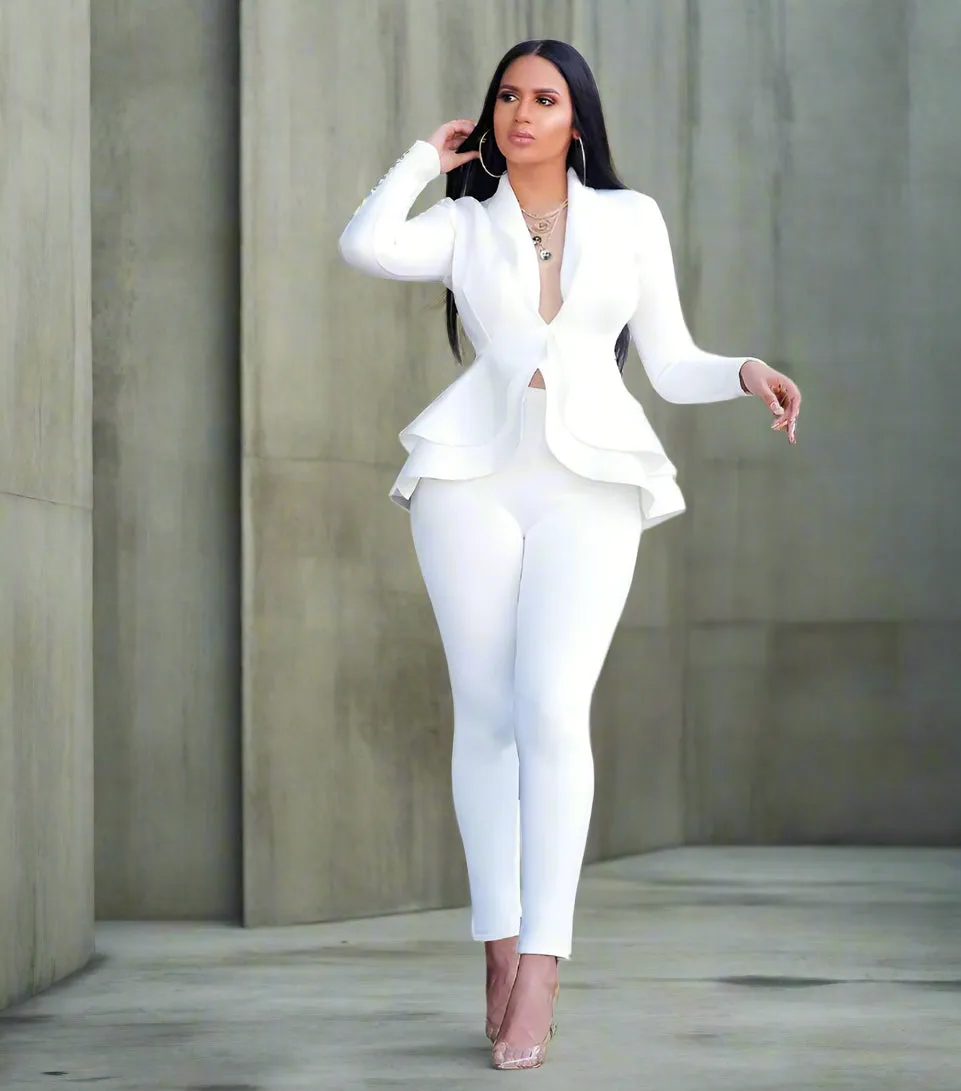 Chic Business Attire – Full Sleeve Ruffle Blazer & Pencil Pants