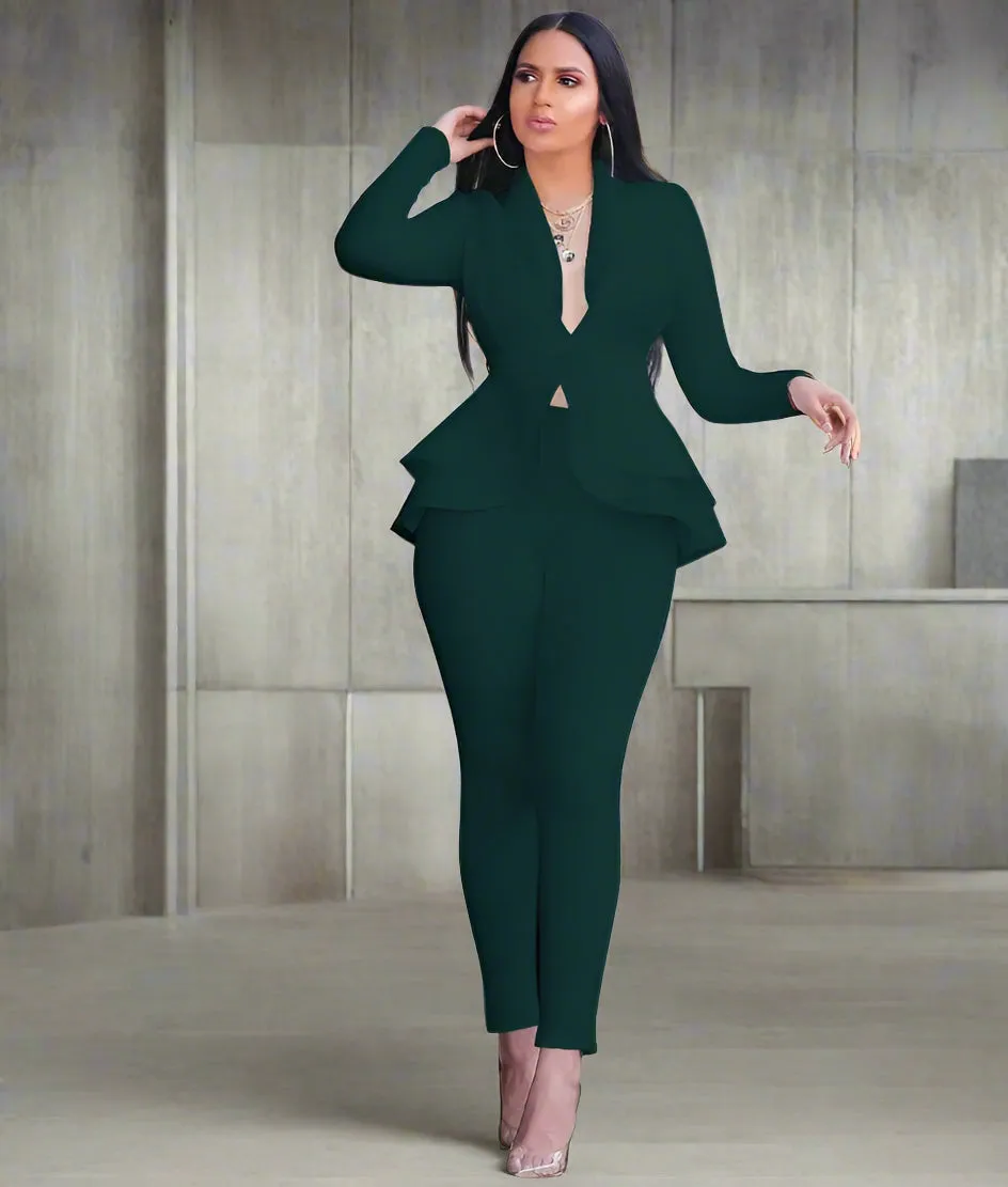 Chic Business Attire – Full Sleeve Ruffle Blazer & Pencil Pants