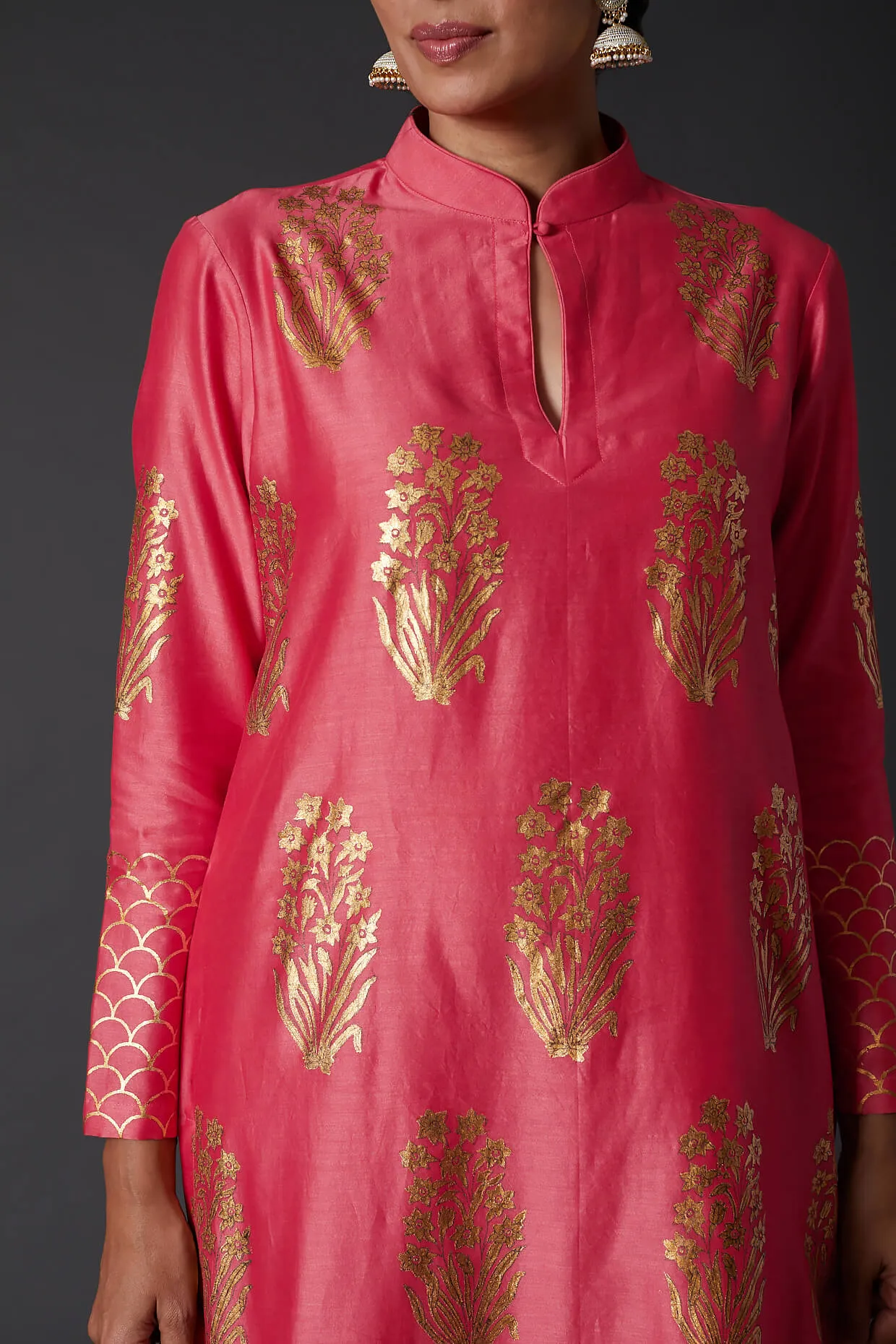 Coral Pink Block Printed Kurta With Palazzo