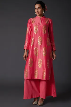 Coral Pink Block Printed Kurta With Palazzo