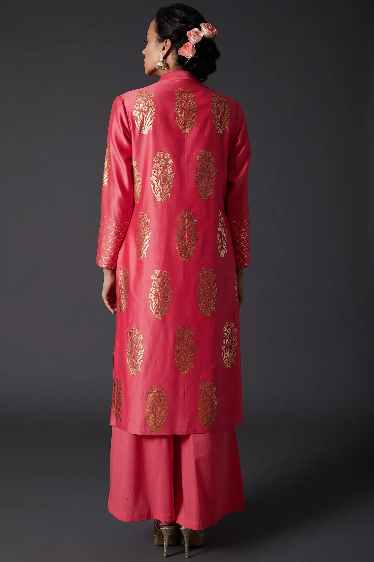 Coral Pink Block Printed Kurta With Palazzo