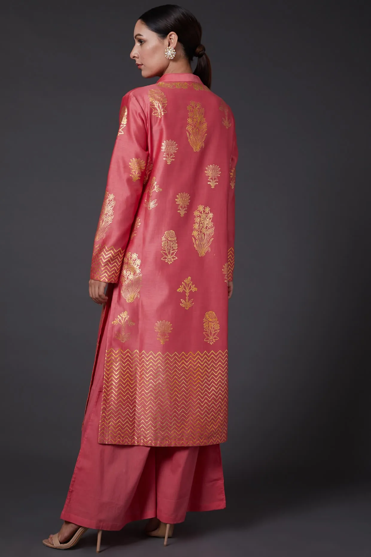 Coral Pink Printed Kurta With Palazzo