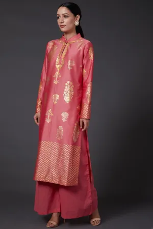 Coral Pink Printed Kurta With Palazzo
