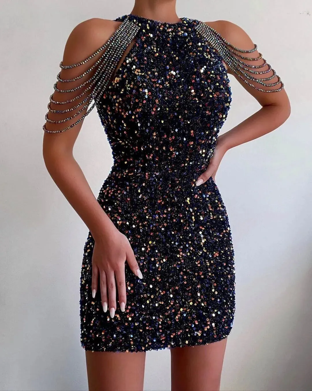 Crystal Halter Fringed Bodycon Dress