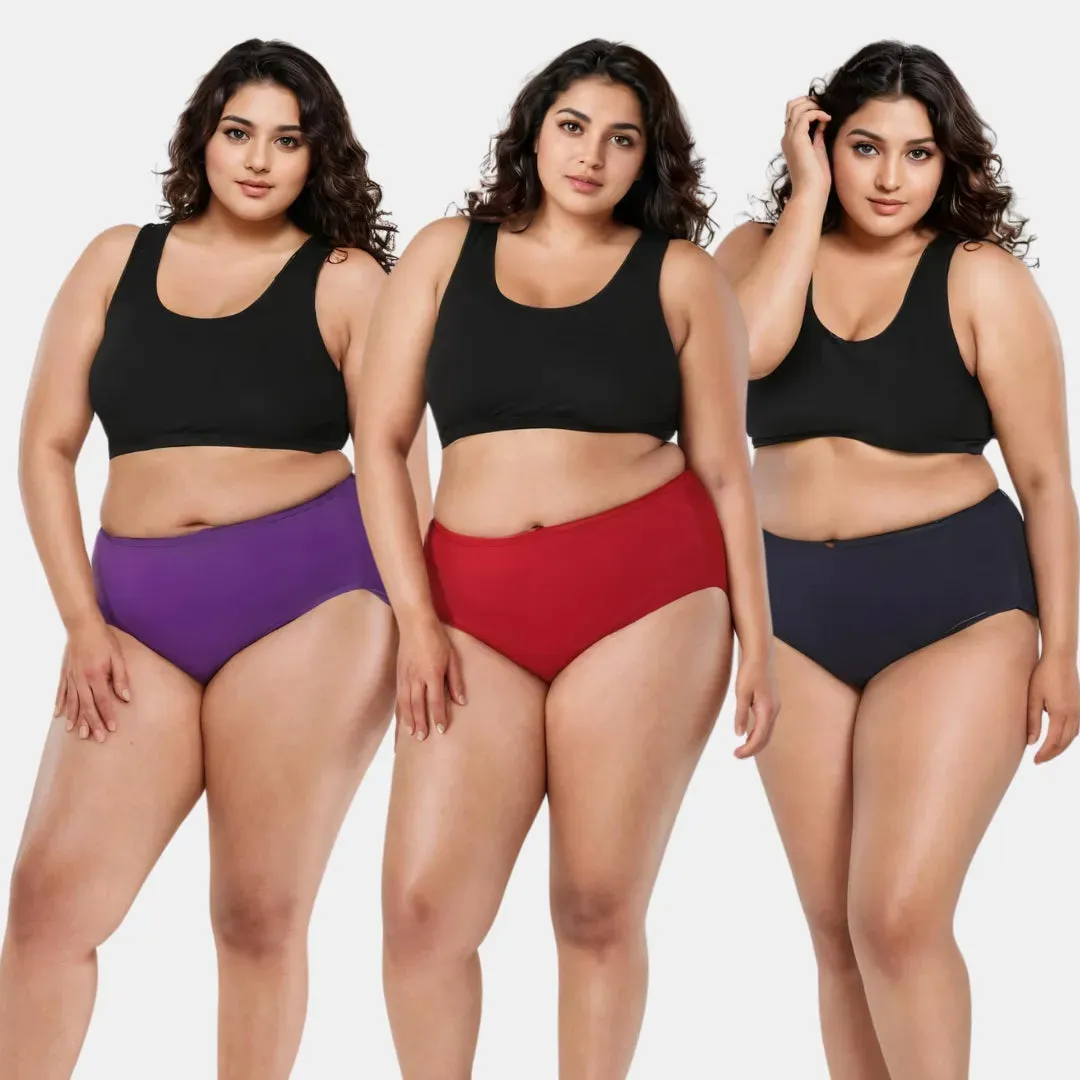 Curvy Women's Cotton Panties | High Waist | Full Hip Coverage | No Exposed Elastic At Waist & Thigh Round | Prevents Friction | Pack Of 3