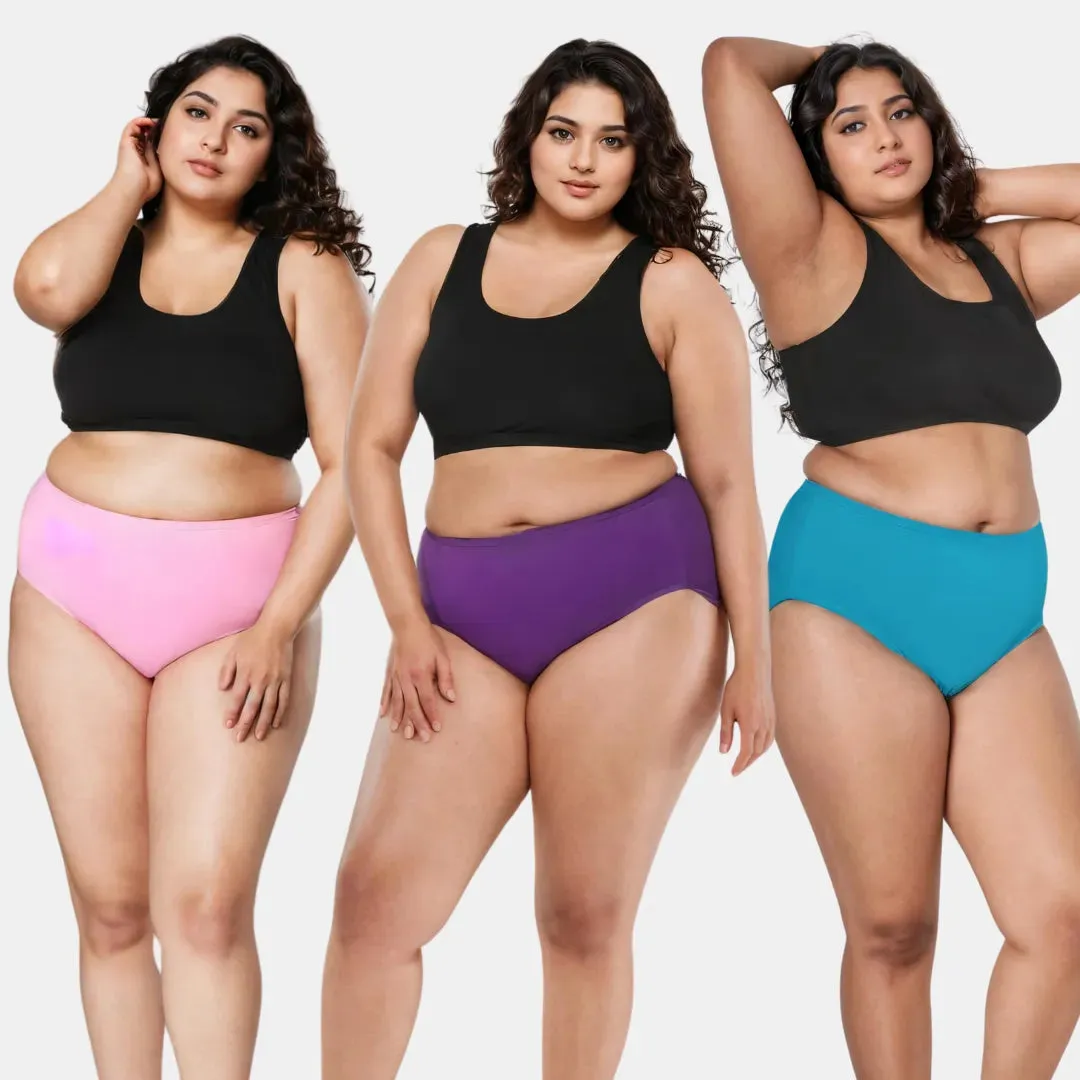 Curvy Women's Cotton Panties | High Waist | Full Hip Coverage | No Exposed Elastic At Waist & Thigh Round | Prevents Friction | Pack Of 3