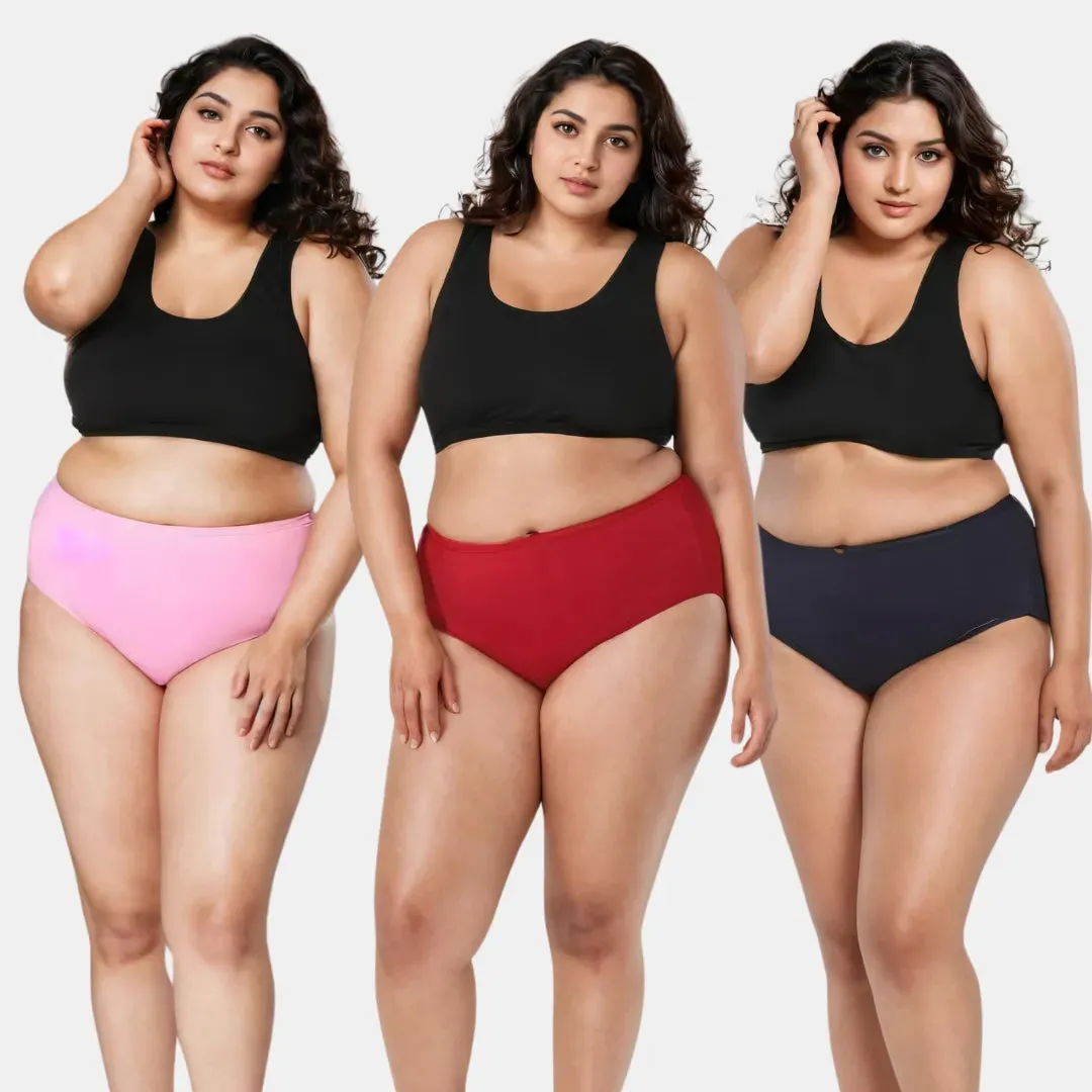 Curvy Women's Cotton Panties | High Waist | Full Hip Coverage | No Exposed Elastic At Waist & Thigh Round | Prevents Friction | Pack Of 3