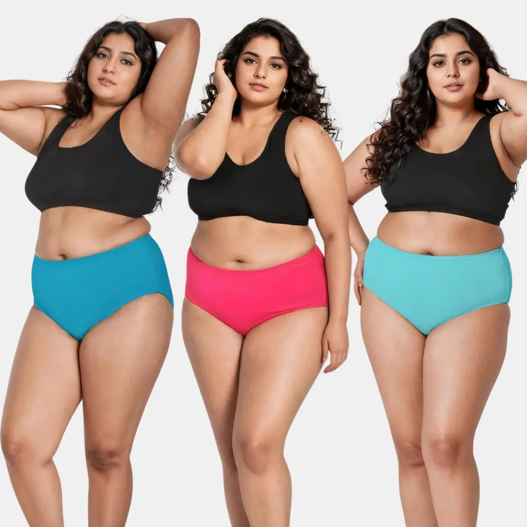 Curvy Women's Cotton Panties | High Waist | Full Hip Coverage | No Exposed Elastic At Waist & Thigh Round | Prevents Friction | Pack Of 3