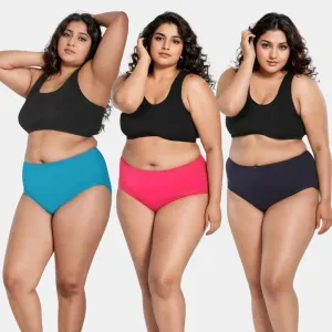 Curvy Women's Cotton Panties | High Waist | Full Hip Coverage | No Exposed Elastic At Waist & Thigh Round | Prevents Friction | Pack Of 3