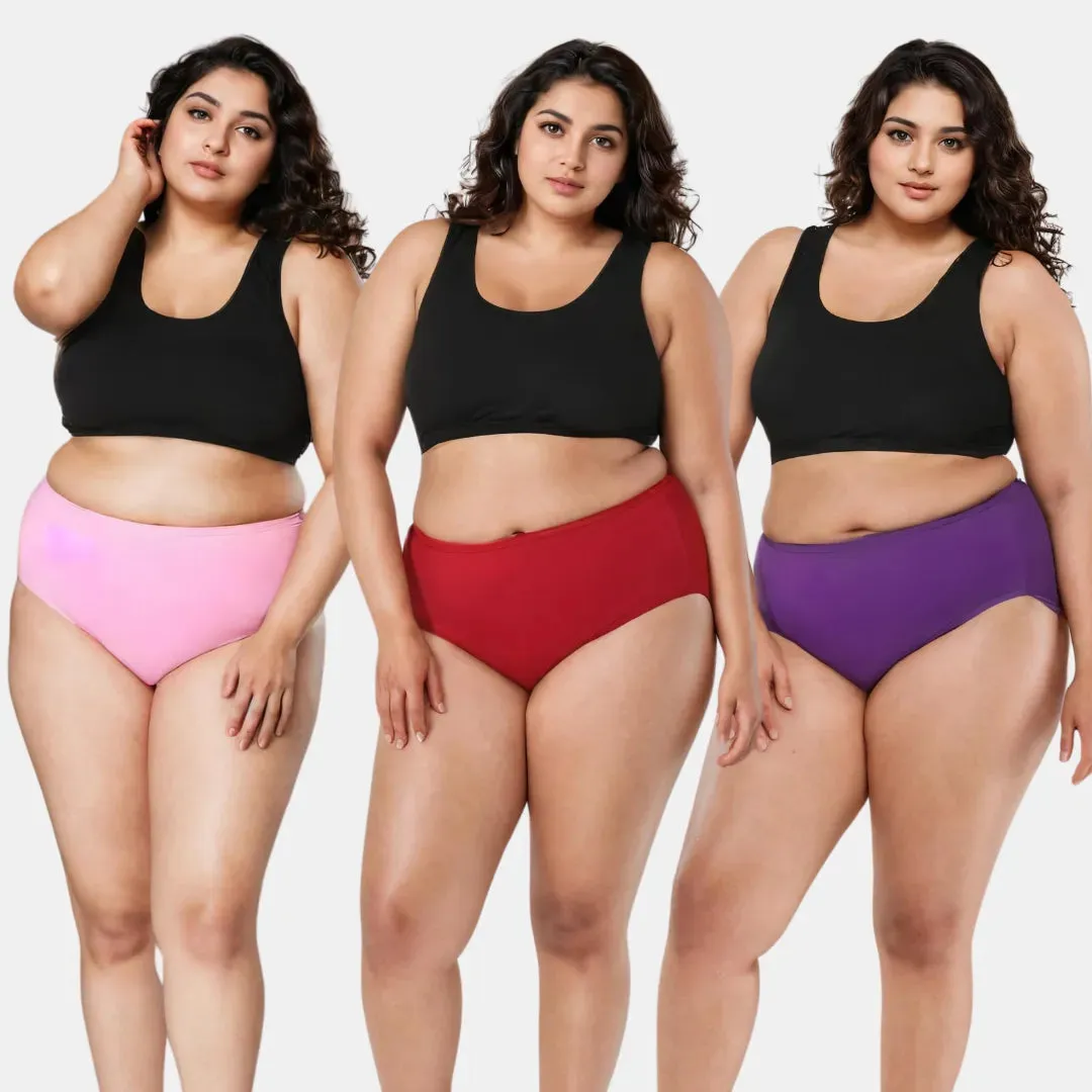 Curvy Women's Cotton Panties | High Waist | Full Hip Coverage | No Exposed Elastic At Waist & Thigh Round | Prevents Friction | Pack Of 3