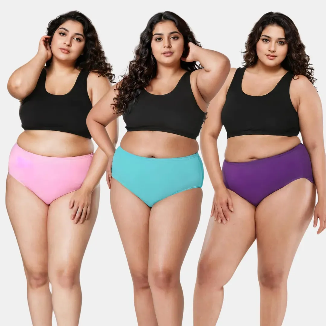 Curvy Women's Cotton Panties | High Waist | Full Hip Coverage | No Exposed Elastic At Waist & Thigh Round | Prevents Friction | Pack Of 3