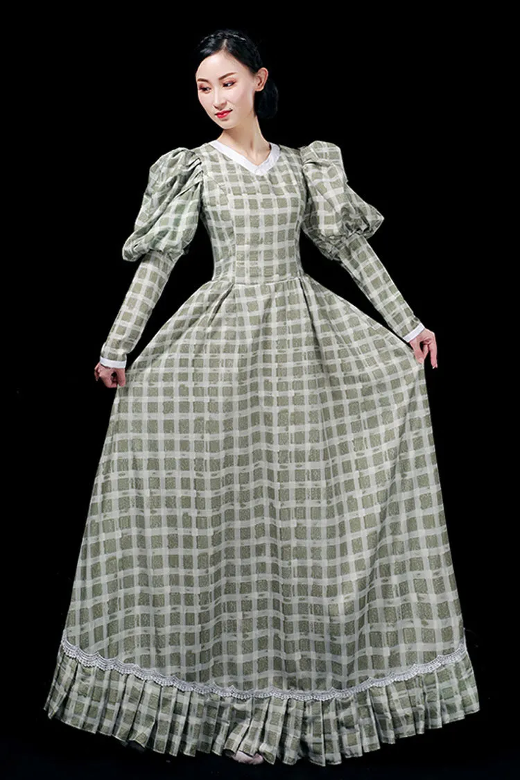 Dark Green Long Sleeves Plaid Print High Waisted Ruffled Victorian Lolita Prom Dress
