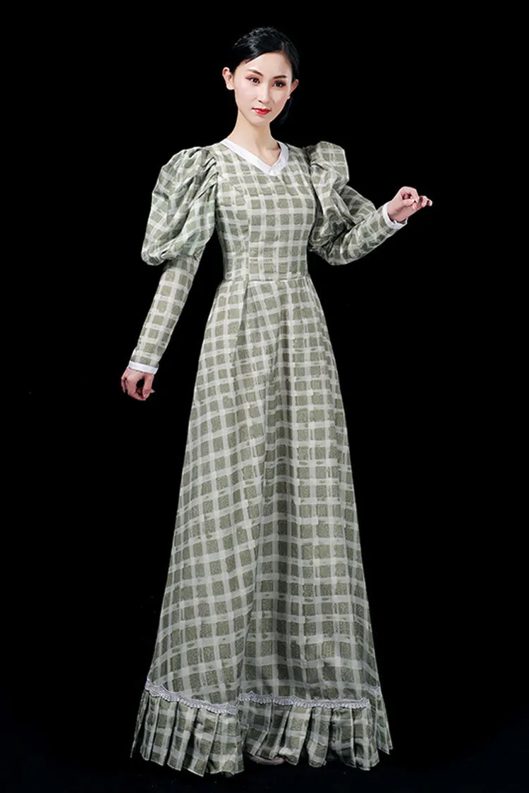 Dark Green Long Sleeves Plaid Print High Waisted Ruffled Victorian Lolita Prom Dress