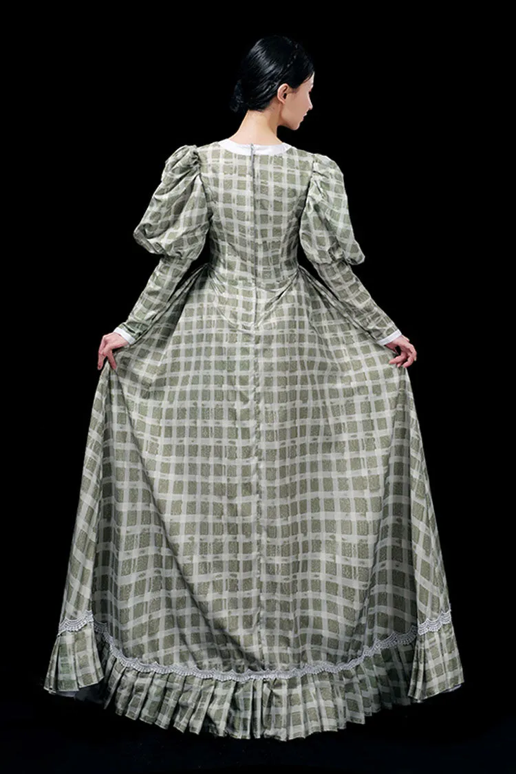 Dark Green Long Sleeves Plaid Print High Waisted Ruffled Victorian Lolita Prom Dress