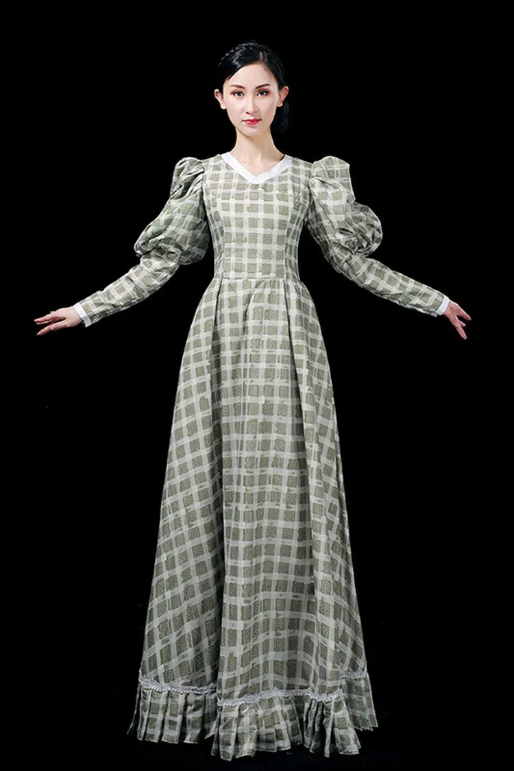 Dark Green Long Sleeves Plaid Print High Waisted Ruffled Victorian Lolita Prom Dress