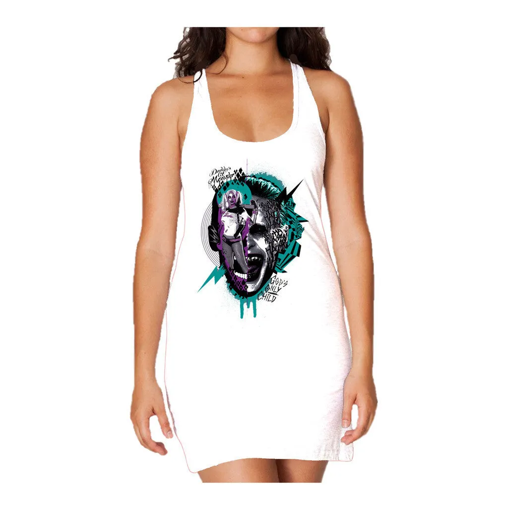 DC Suicide Squad Joker-Harley Quinn Collage Official Women's Long Tank Dress (White)