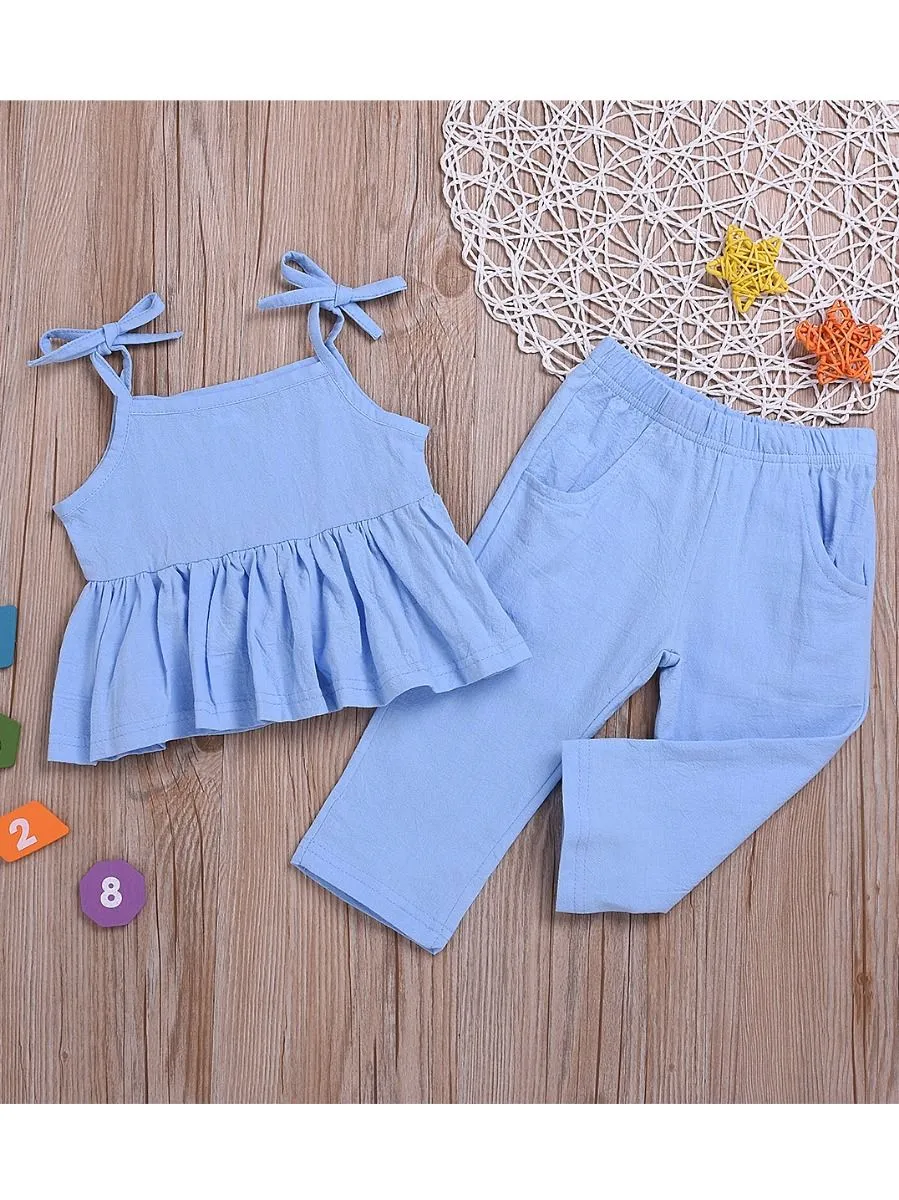 Denim Tie Ruffle Top with Pants