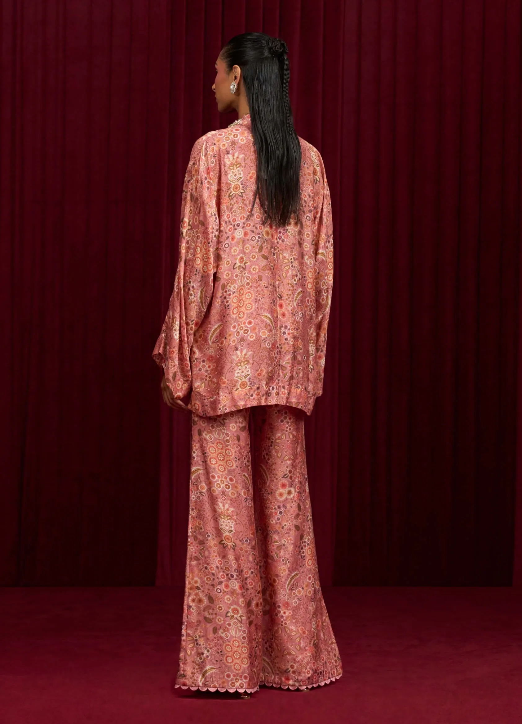 Dusky pink printed shirt and flared pants