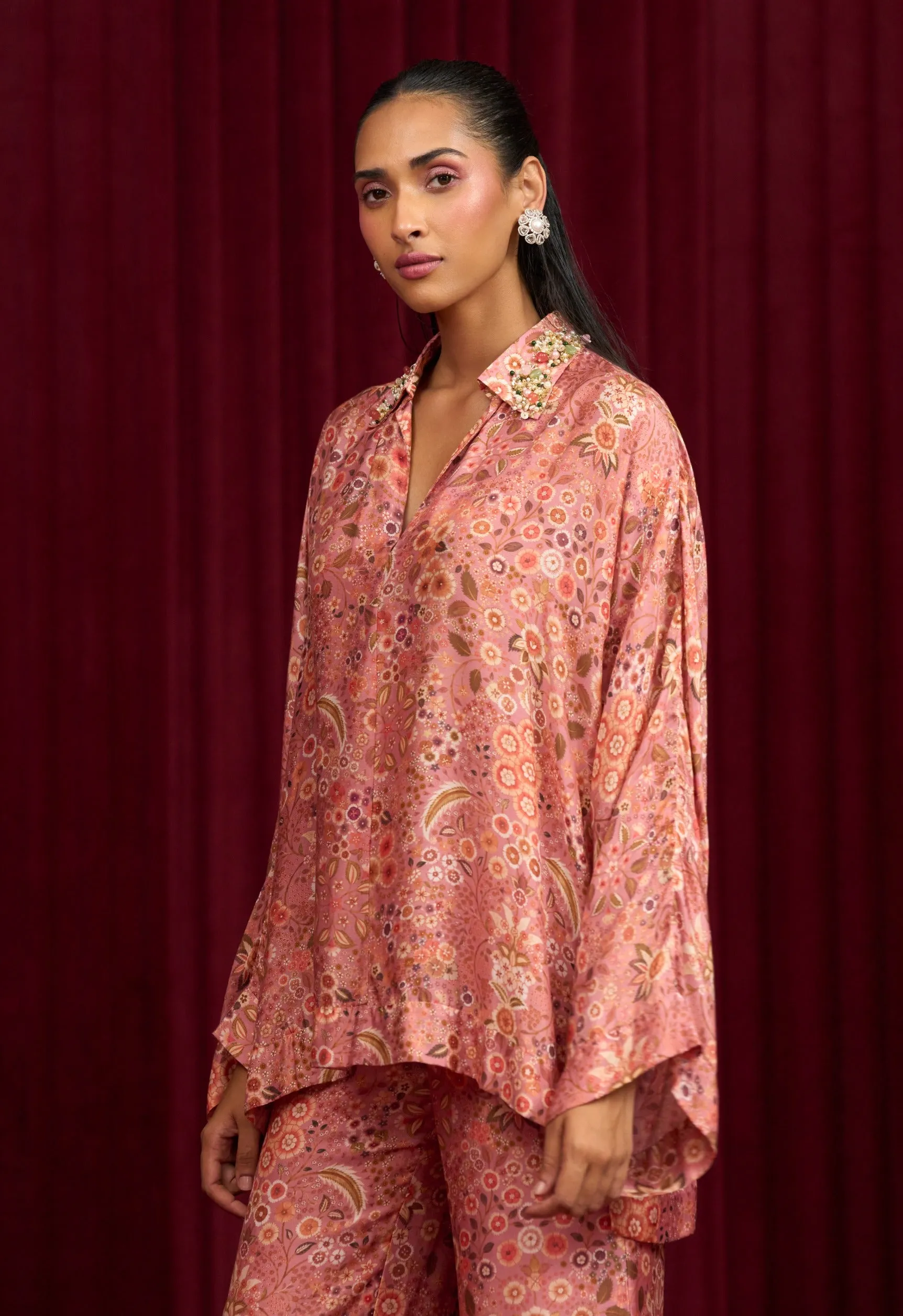 Dusky pink printed shirt and flared pants