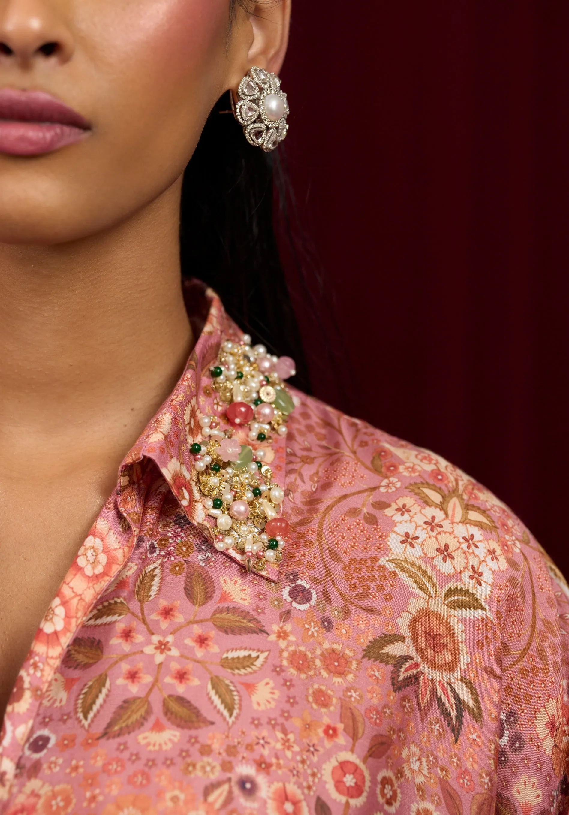 Dusky pink printed shirt and flared pants
