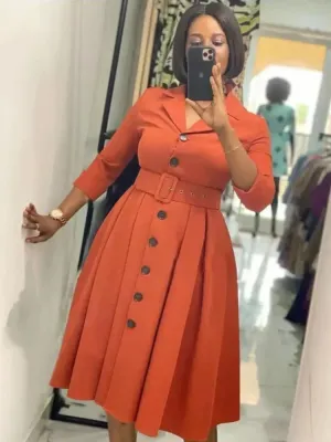Elegant Office Dress – Long Sleeve Button Down A-Line Midi with Waist Belt