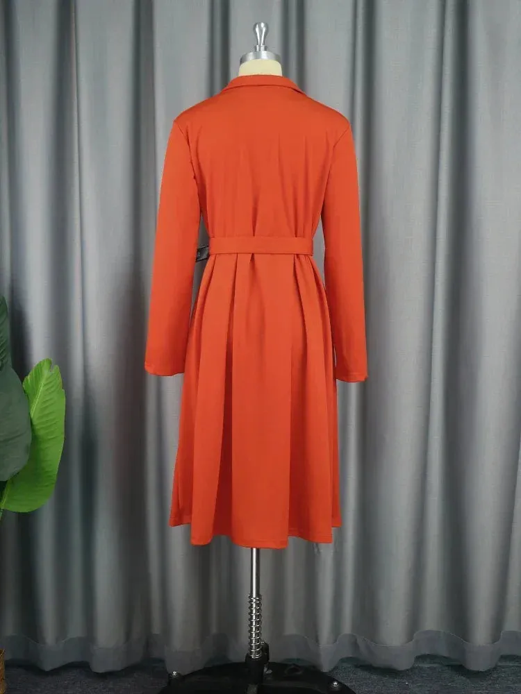 Elegant Office Dress – Long Sleeve Button Down A-Line Midi with Waist Belt