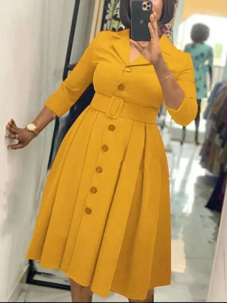 Elegant Office Dress – Long Sleeve Button Down A-Line Midi with Waist Belt