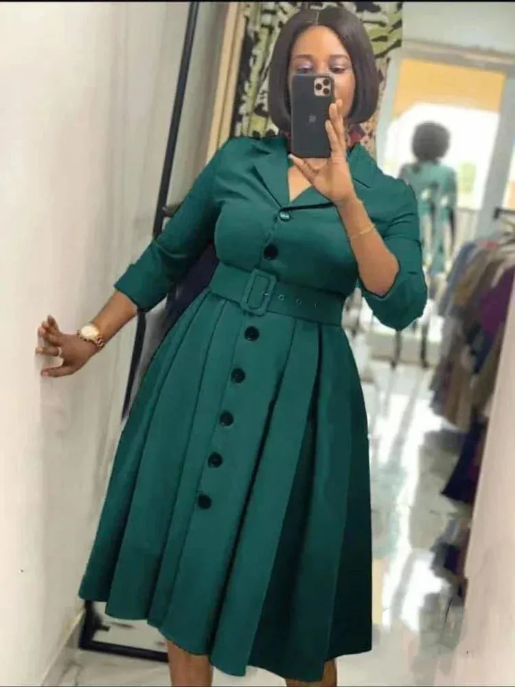 Elegant Office Dress – Long Sleeve Button Down A-Line Midi with Waist Belt