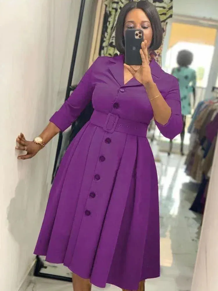 Elegant Office Dress – Long Sleeve Button Down A-Line Midi with Waist Belt