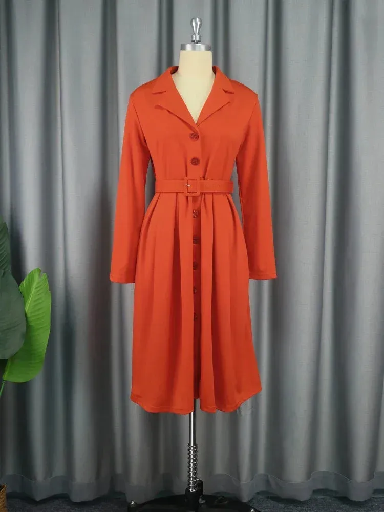 Elegant Office Dress – Long Sleeve Button Down A-Line Midi with Waist Belt