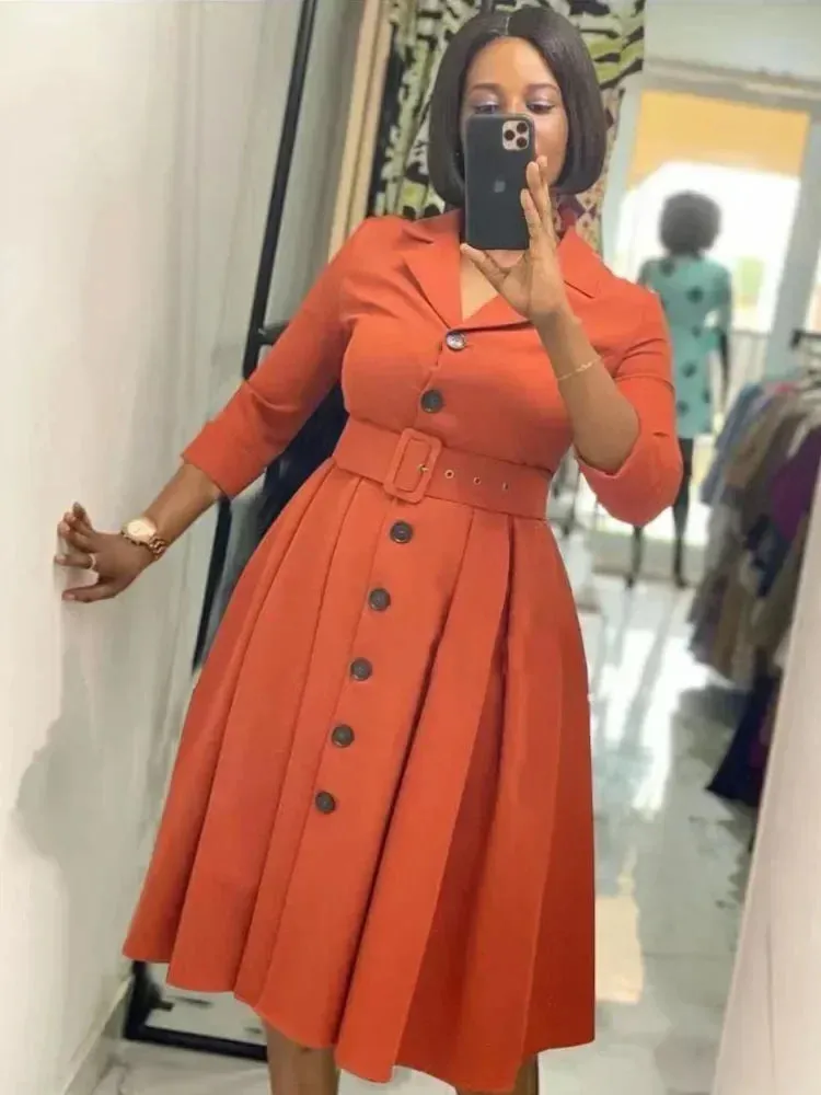 Elegant Office Dress – Long Sleeve Button Down A-Line Midi with Waist Belt