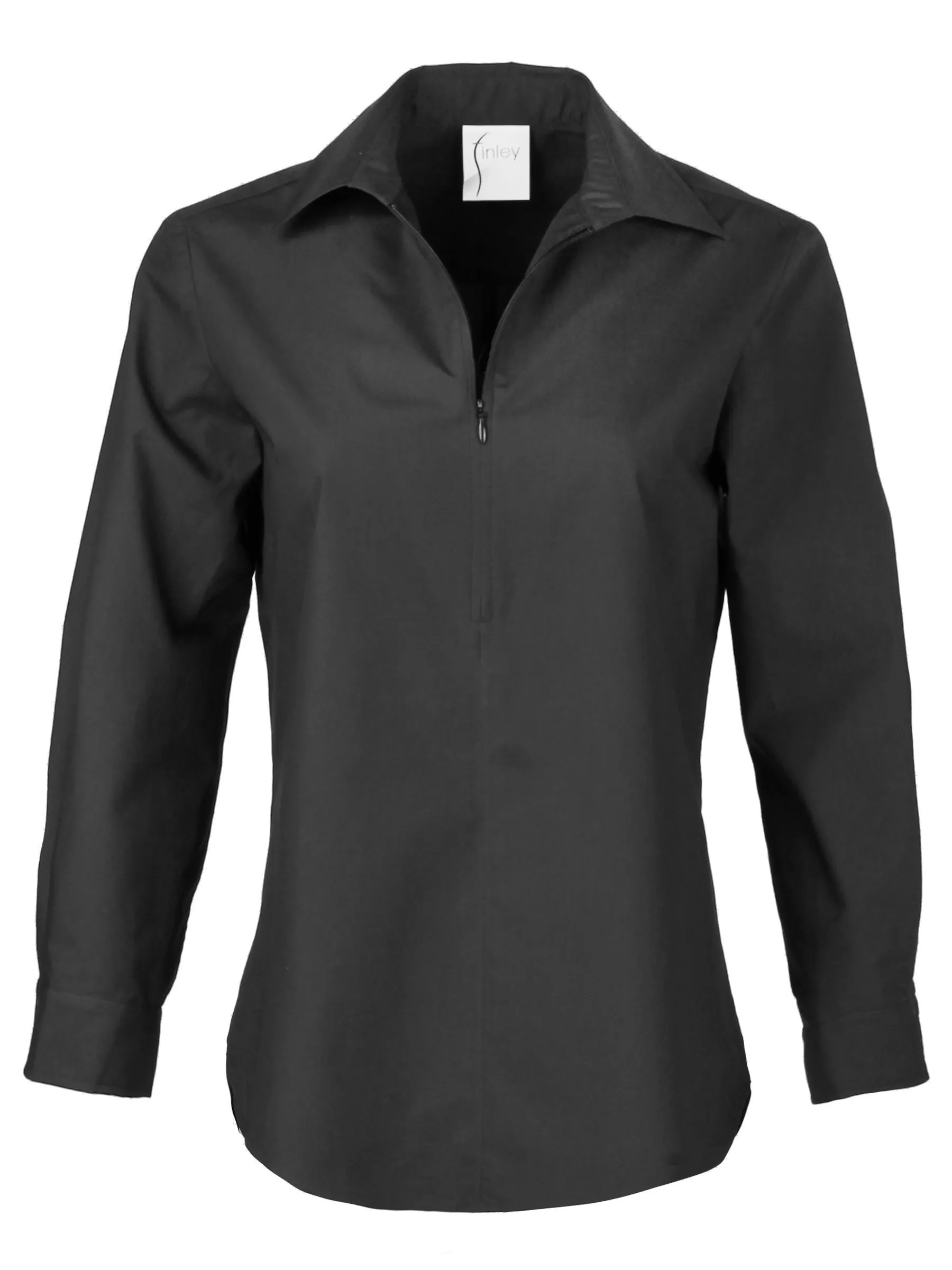 Endora Long Sleeve Half Zip Tailored Black Poplin Shirt