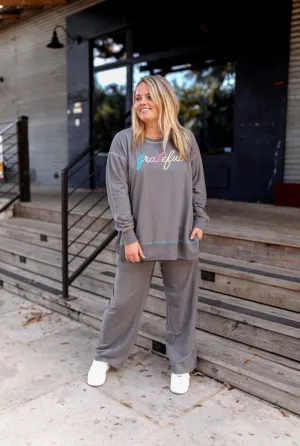 Every Day Set - Grateful 3D Embroidery (Grey) - Sweatshirt / Lounge Pants