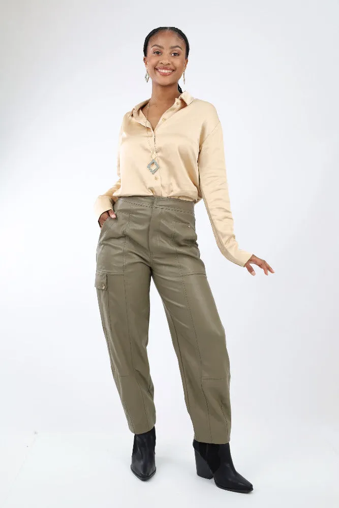 Faux Leather Utility Cargo Pants - Olive