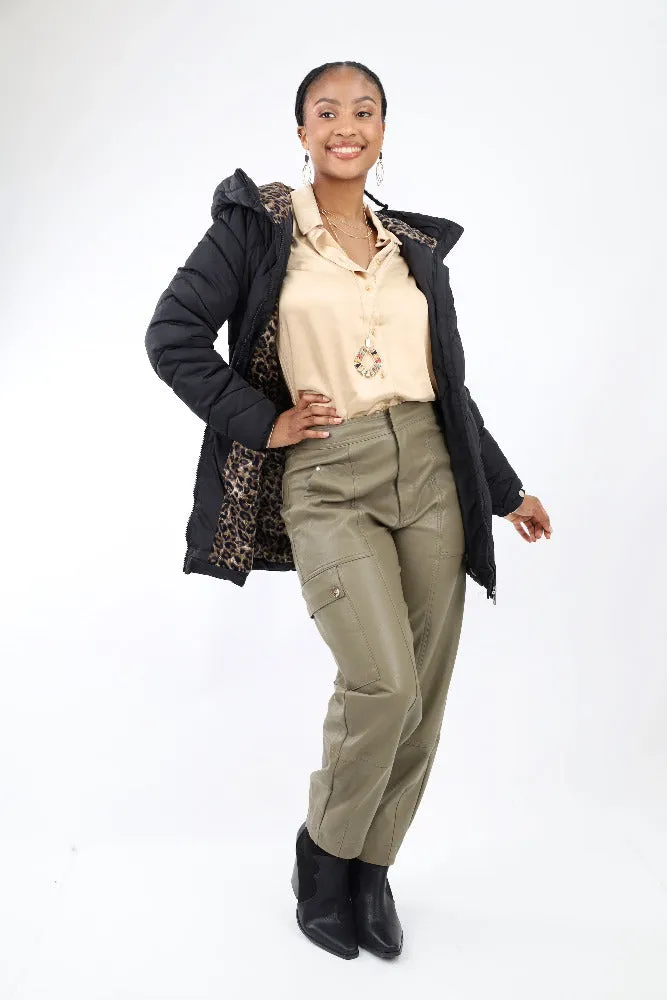Faux Leather Utility Cargo Pants - Olive