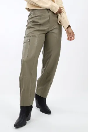 Faux Leather Utility Cargo Pants - Olive