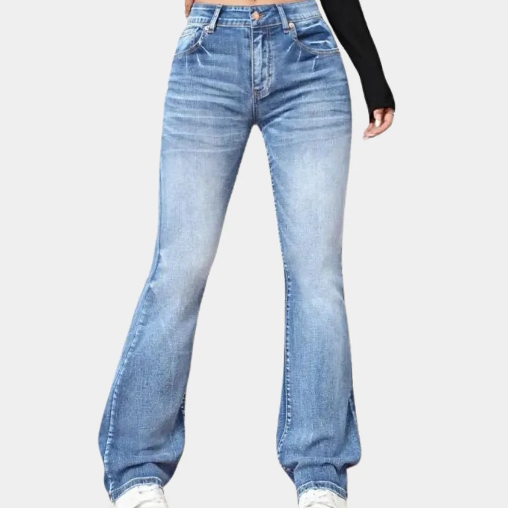 Flattering, flared high-waisted trousers for women by Delphine, elegantly designed.