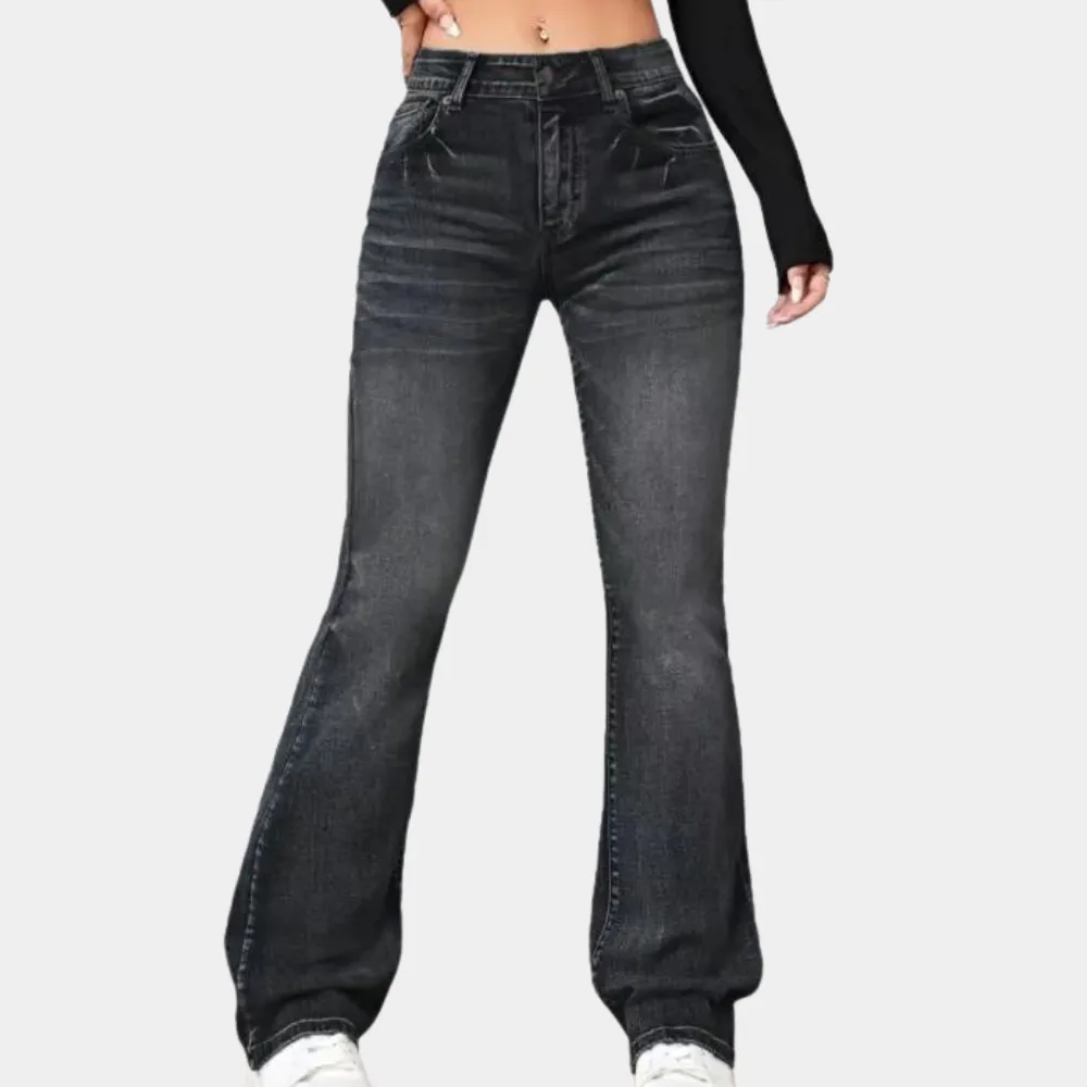 Flattering, flared high-waisted trousers for women by Delphine, elegantly designed.