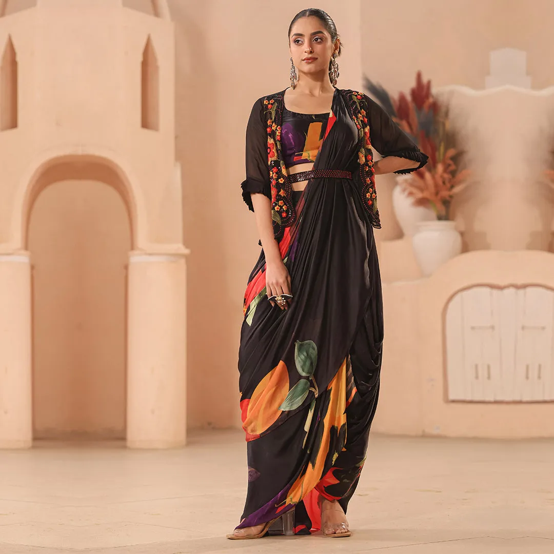 Floral Black Cocktail Saree with Short Jacket