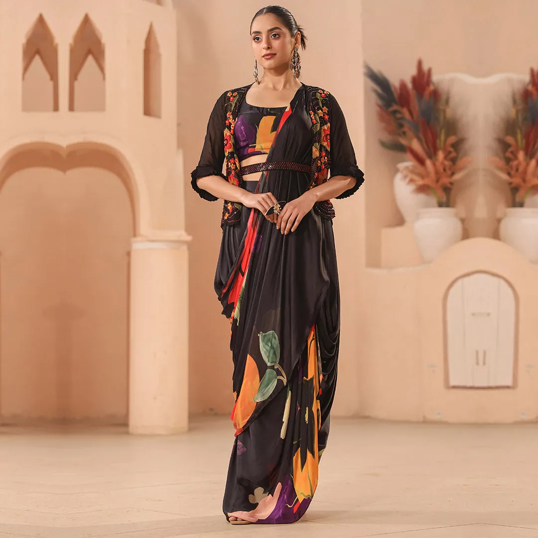 Floral Black Cocktail Saree with Short Jacket