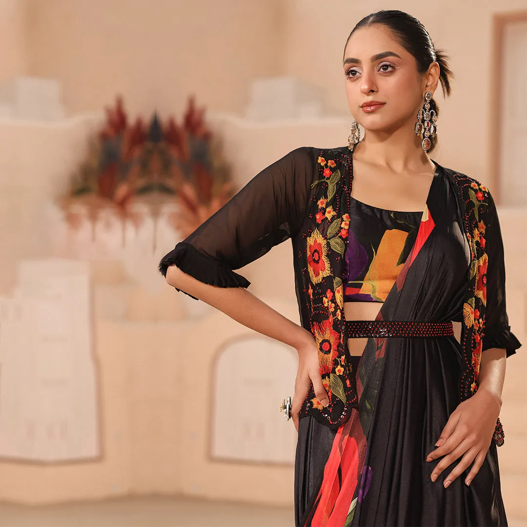 Floral Black Cocktail Saree with Short Jacket