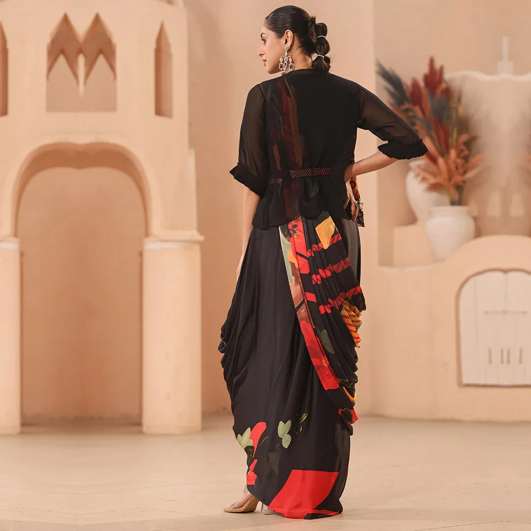 Floral Black Cocktail Saree with Short Jacket