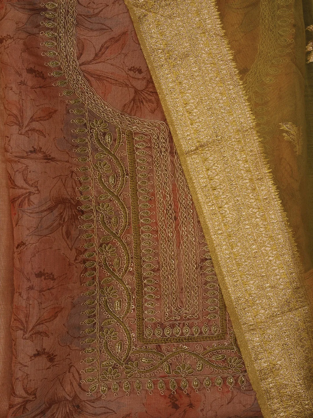 Floral Printed Multicolor Embellished Organza Dress Material with Dupatta