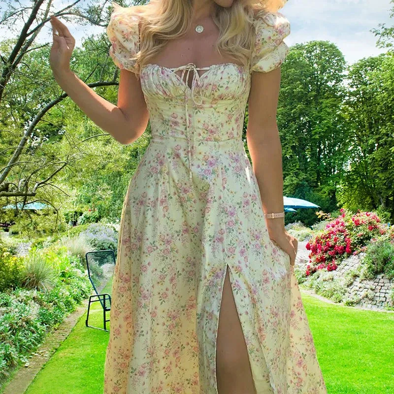 Floral slim fit slit European camisole dress